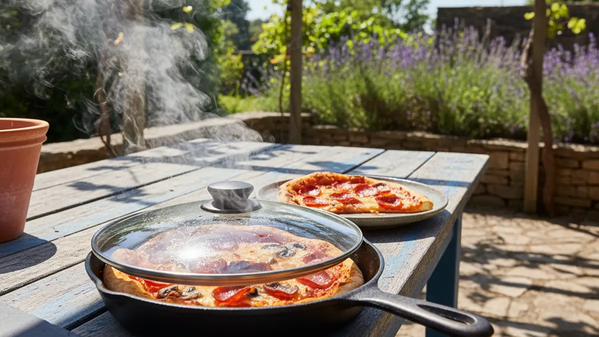 Part de pizza dans une poêle sèche sur la cuisinière