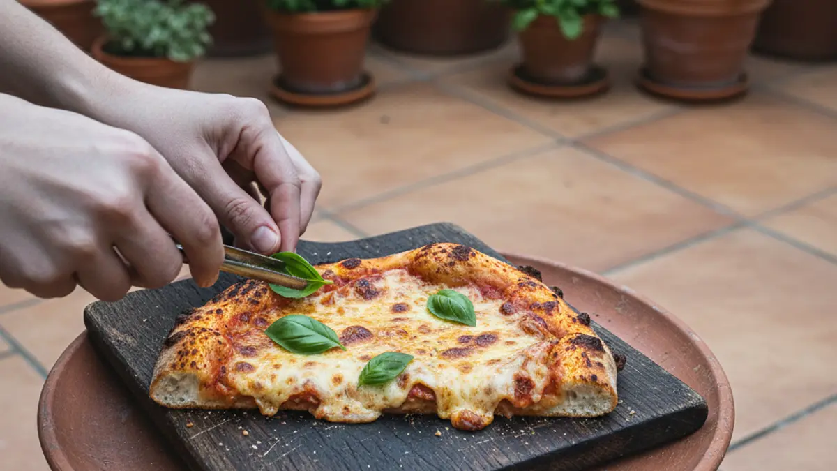 Part de pizza chaude avec du fromage fondu filant sortie de la poêle