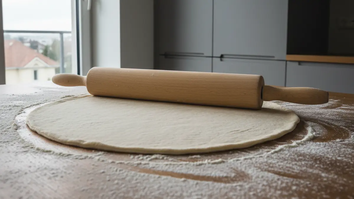 Étaler la pâte à pizza romaine avec un rouleau à pâtisserie en bois