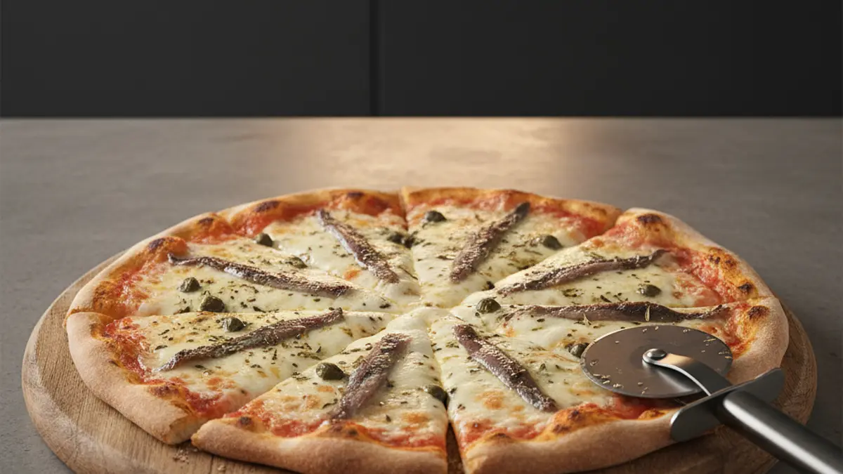 Pizza romana cuite aux anchois et câpres sur une planche en bois