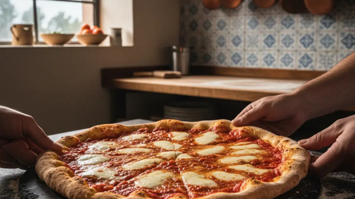 Pizza romana ronde et croustillante à la croûte dorée sur une planche