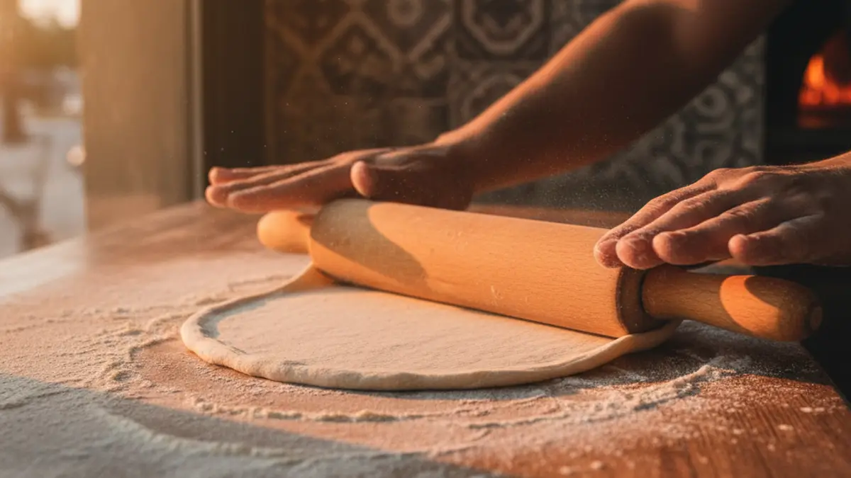 Étalage ultrafin de la pâte à pizza avec un rouleau en bois