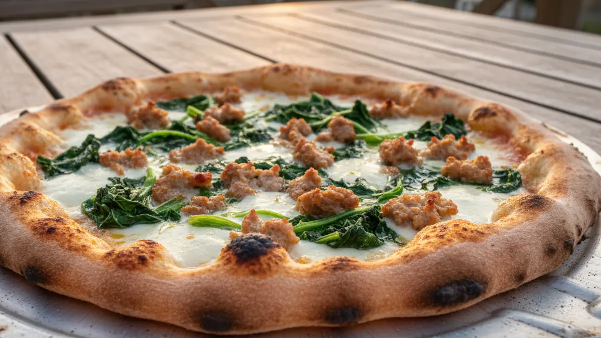 Pizza salsiccia e friarielli cuite sur une pelle à pizza