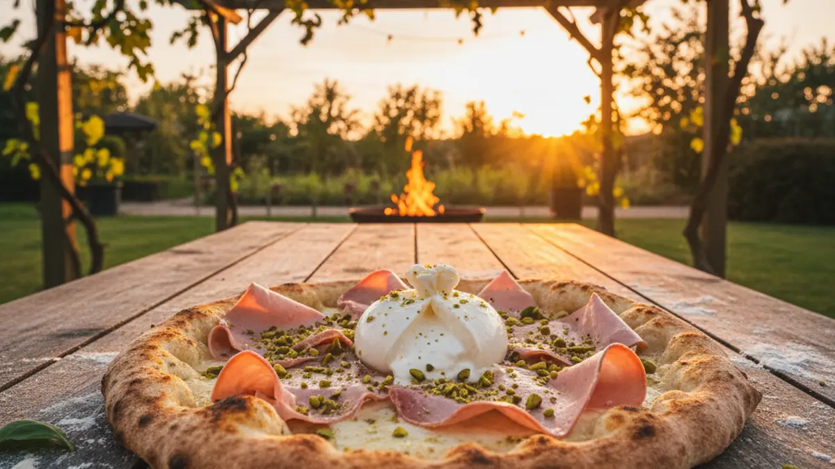 Pizza bianca met mortadella, burrata en pistachenoten