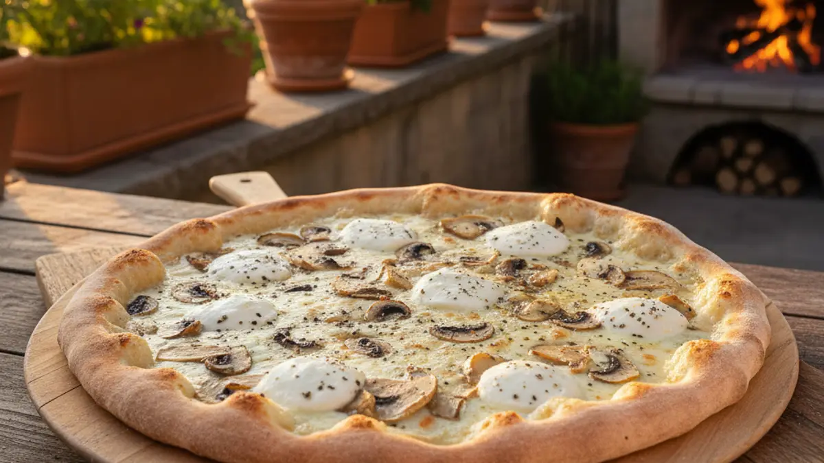 Pizza à la truffe cuite avec des champignons et du fromage fondu sur une planche en bois