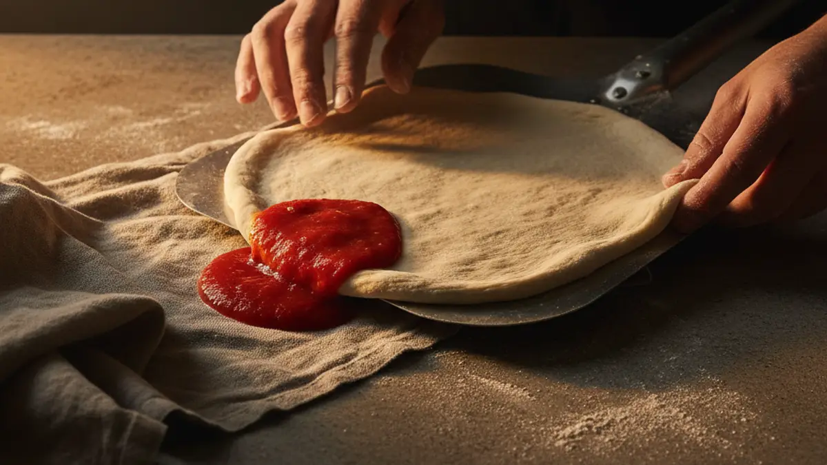 Pâte à pizza qui colle sur une pelle à pizza en métal