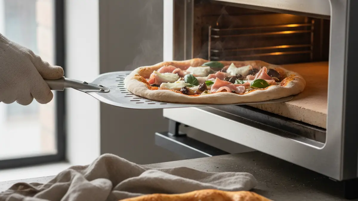 Enfournement d'une pizza sur une pierre à pizza chaude