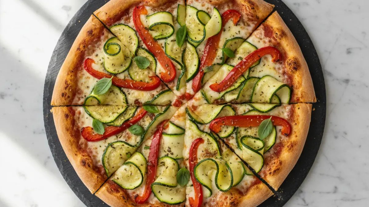 Pizza végane découpée avec légumes grillés sur une planche à servir