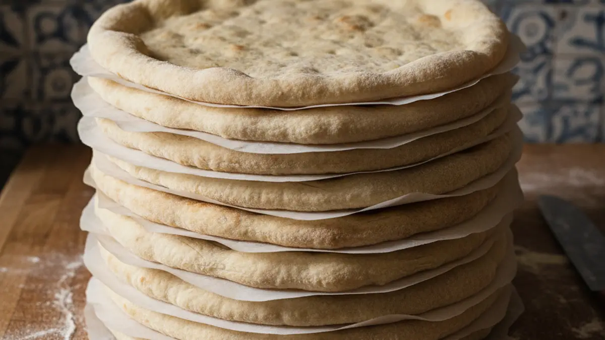 Empilement de fonds de pizza précuits séparés par du papier cuisson