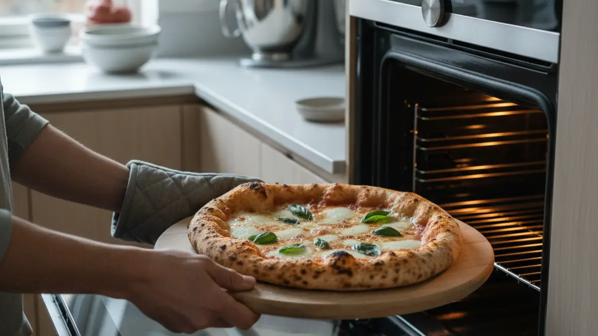 Pizza précuite croustillante déposée du four sur une planche de service