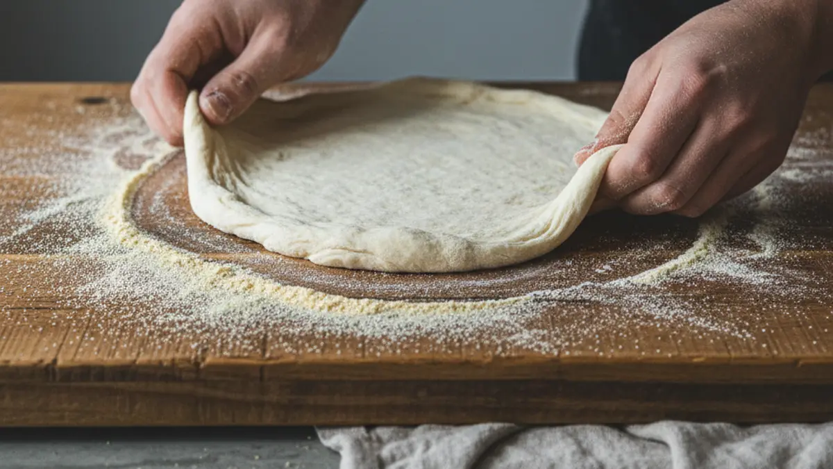 Façonner la pâte à pizza à la main sur un plan de travail recouvert de semola