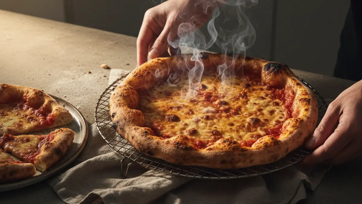 Pizza cuite dégageant de la vapeur sur une grille métallique