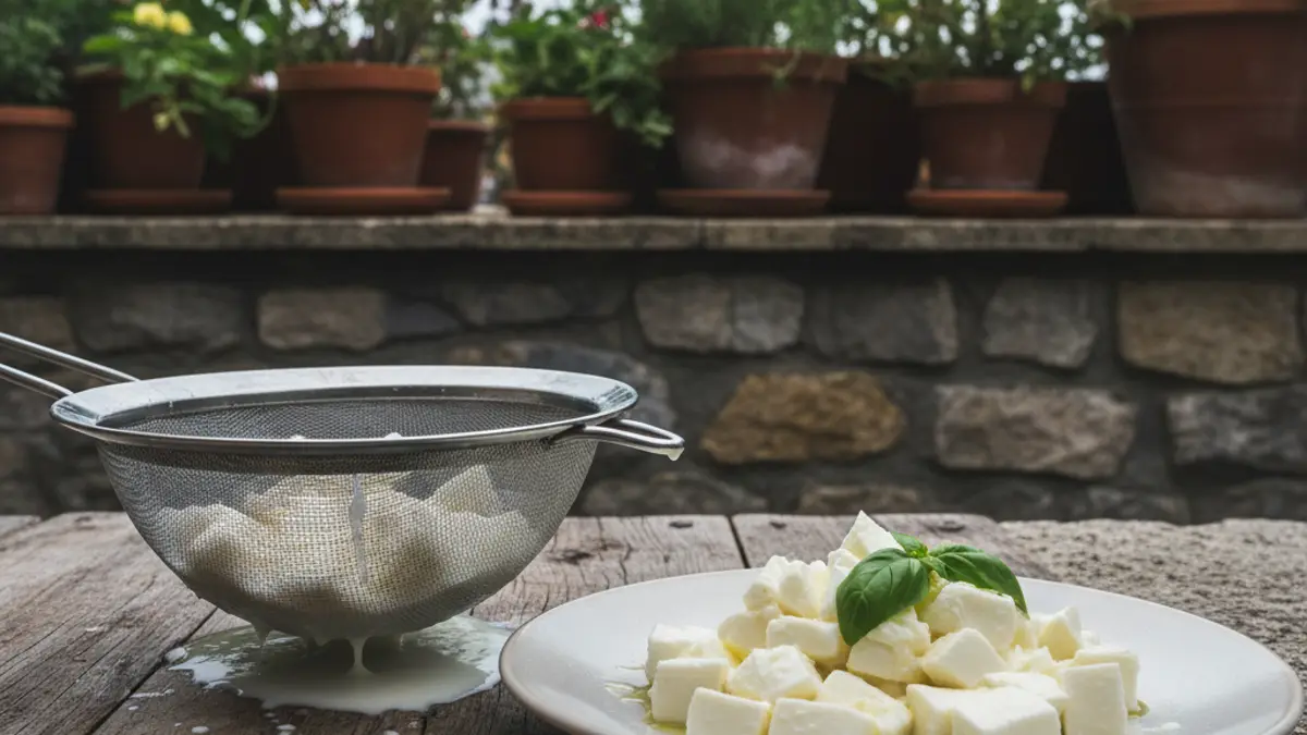 Dés de mozzarella égouttés dans une passerelle de cuisine