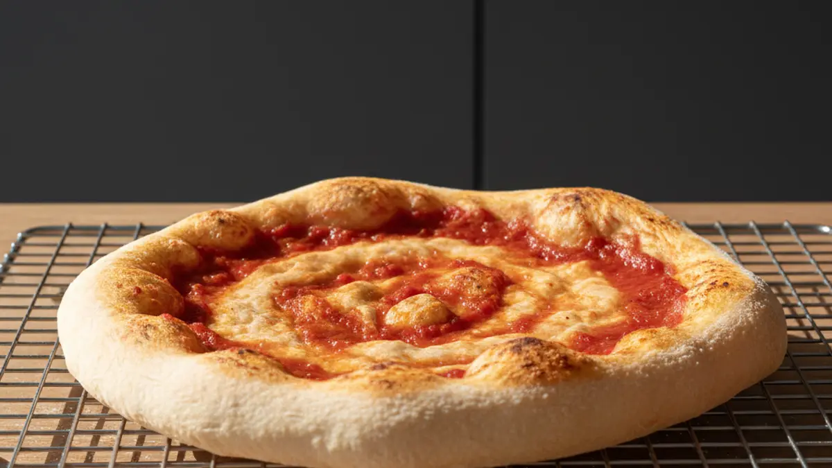 Fond de pizza précuit avec une fine couche de sauce sur une grille
