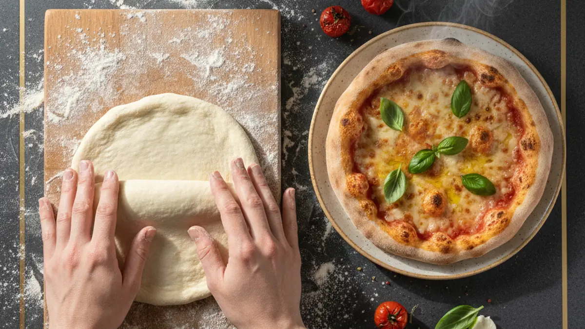 Pétrissage manuel d'une pâte à pizza souple sur un plan de travail