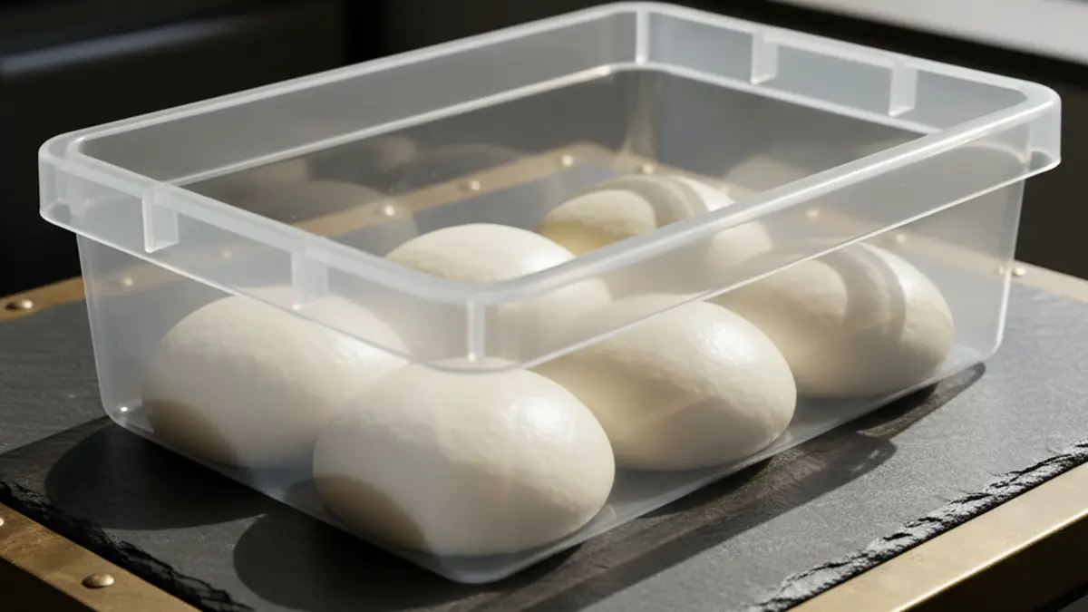 Boules de pâte rondes dans un bac à pâtons fermé