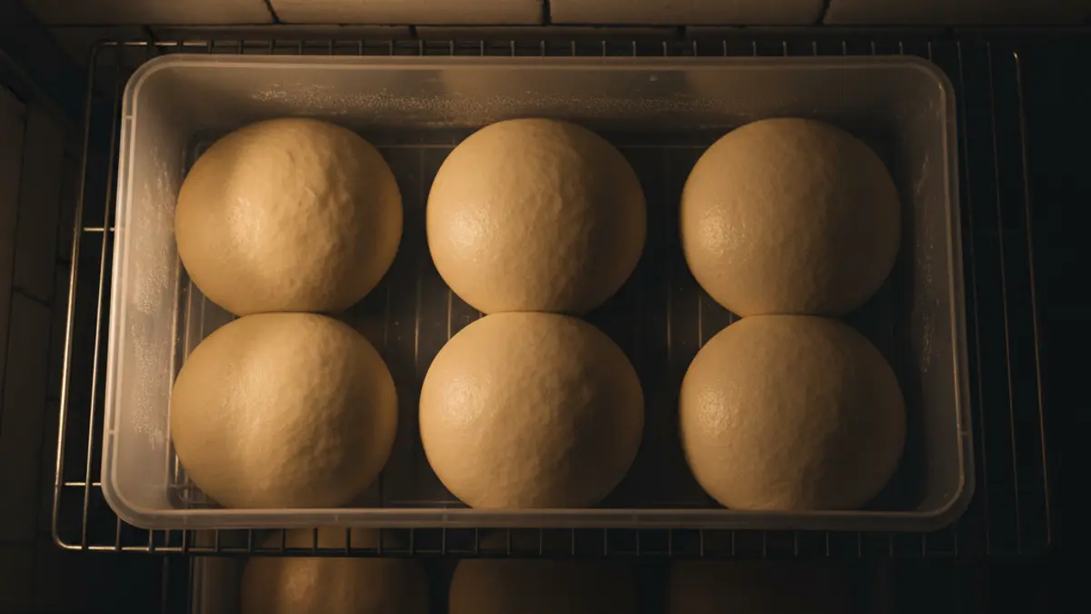 Pâtons de pâte à pizza dans un bac à pâtons en plastique au réfrigérateur