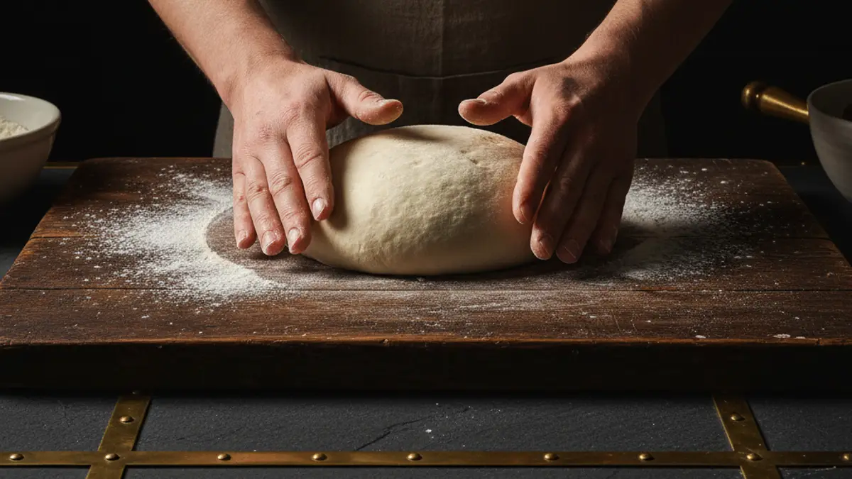 Pâton lisse de pâte à pizza à température ambiante saupoudré de semoule