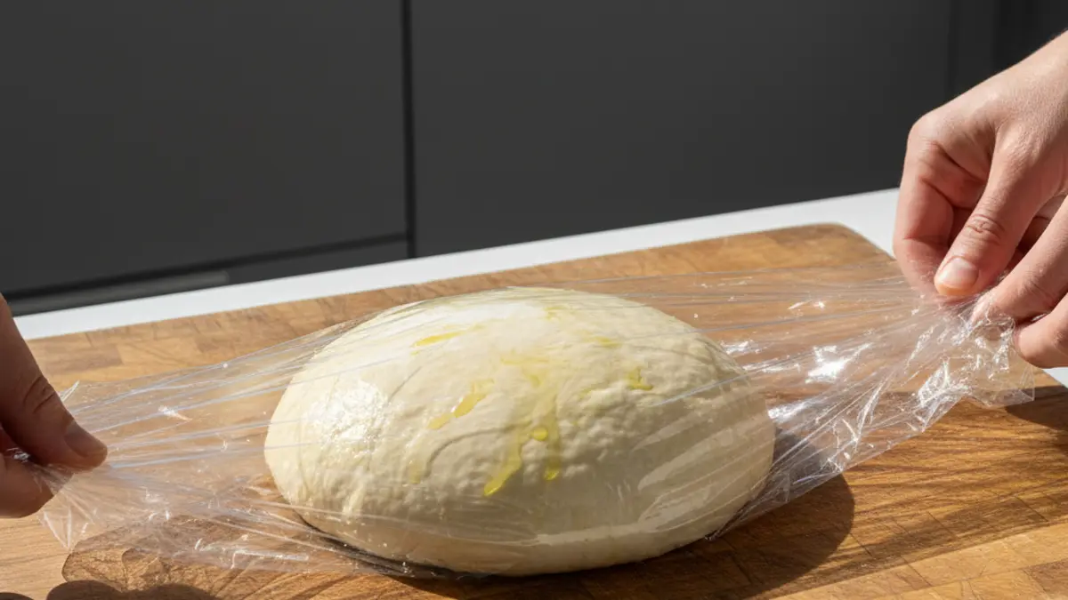 Portions de pâte à pizza façonnées en boules et huilées à l'huile d'olive sur un plan de travail en bois