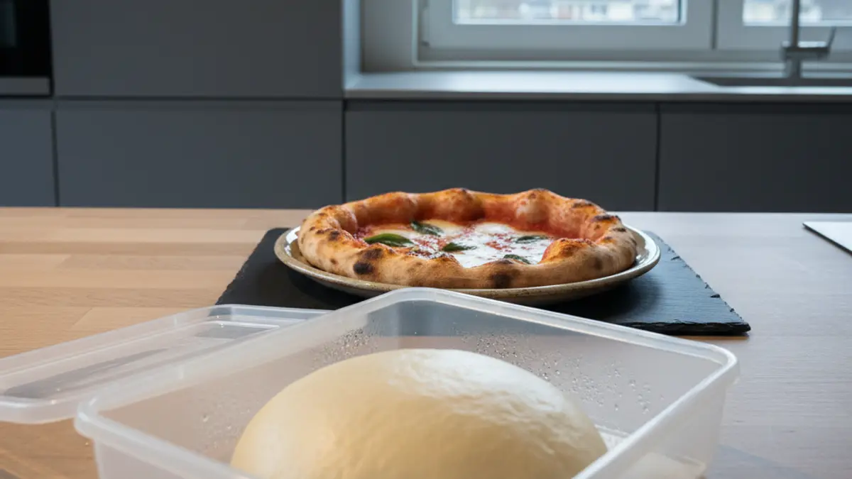 Boule de pâte décongelée levant lentement dans un bac à pâte fermé sur le plan de travail