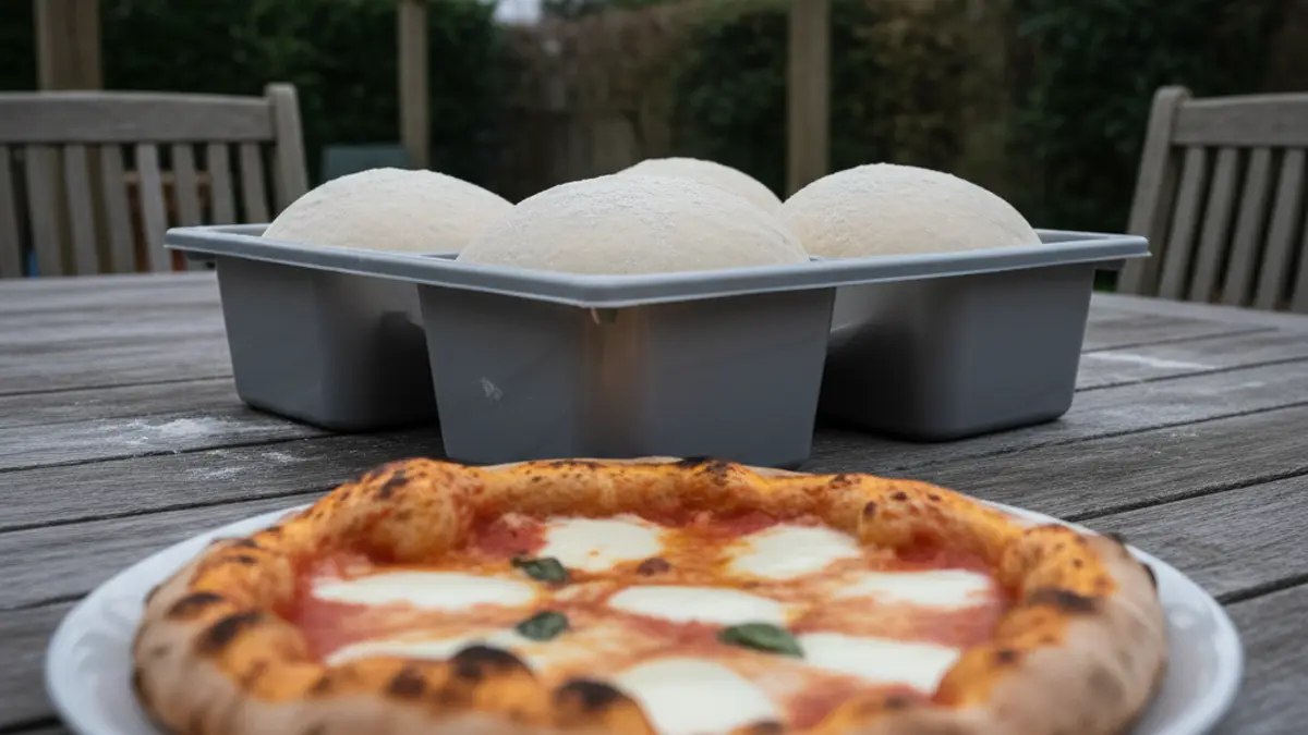 Boules de pâte à pizza en levée dans un bac à pâte
