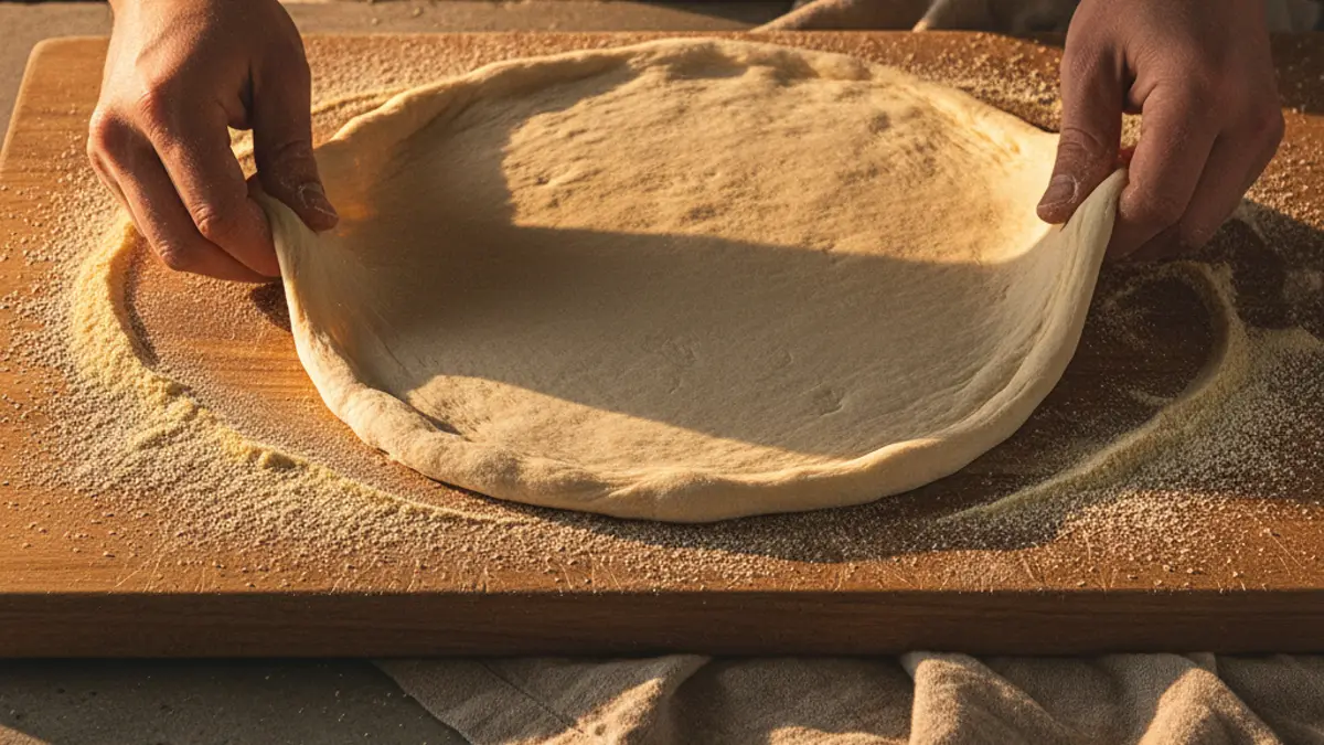 Étirement de la pâte à pizza à la main sur un plan de travail