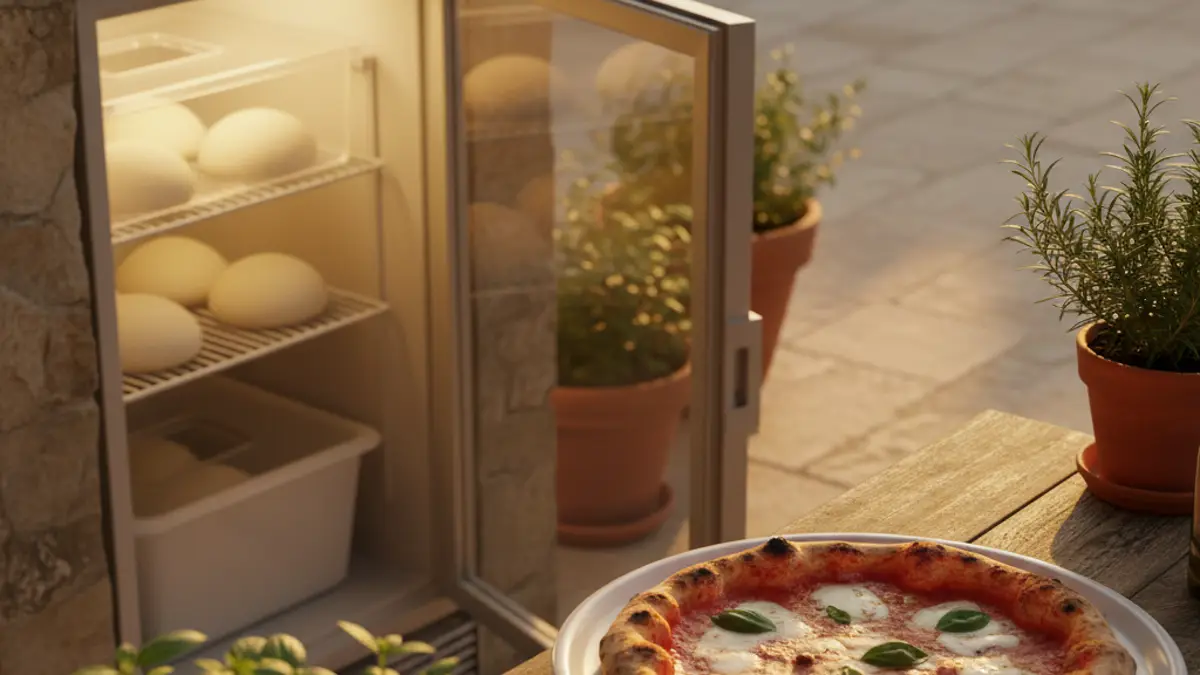 Pâtons de pâte à pizza reposant dans un bac à pâtons au réfrigérateur