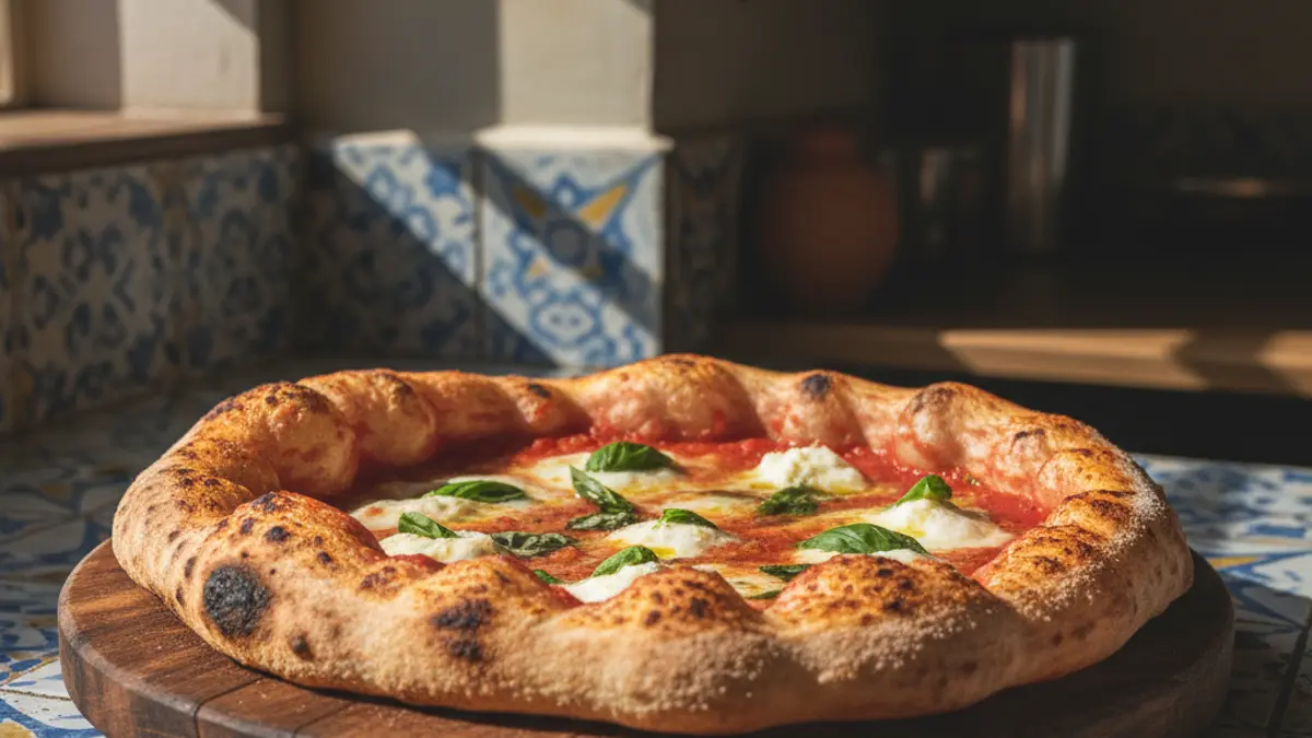 Pizza cuite avec une croûte alvéolée après une longue pousse de la pâte