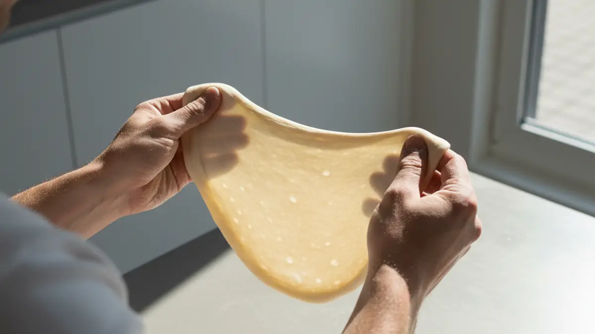 Réalisation du test de la fenêtre avec une pâte à pizza fine et étirée