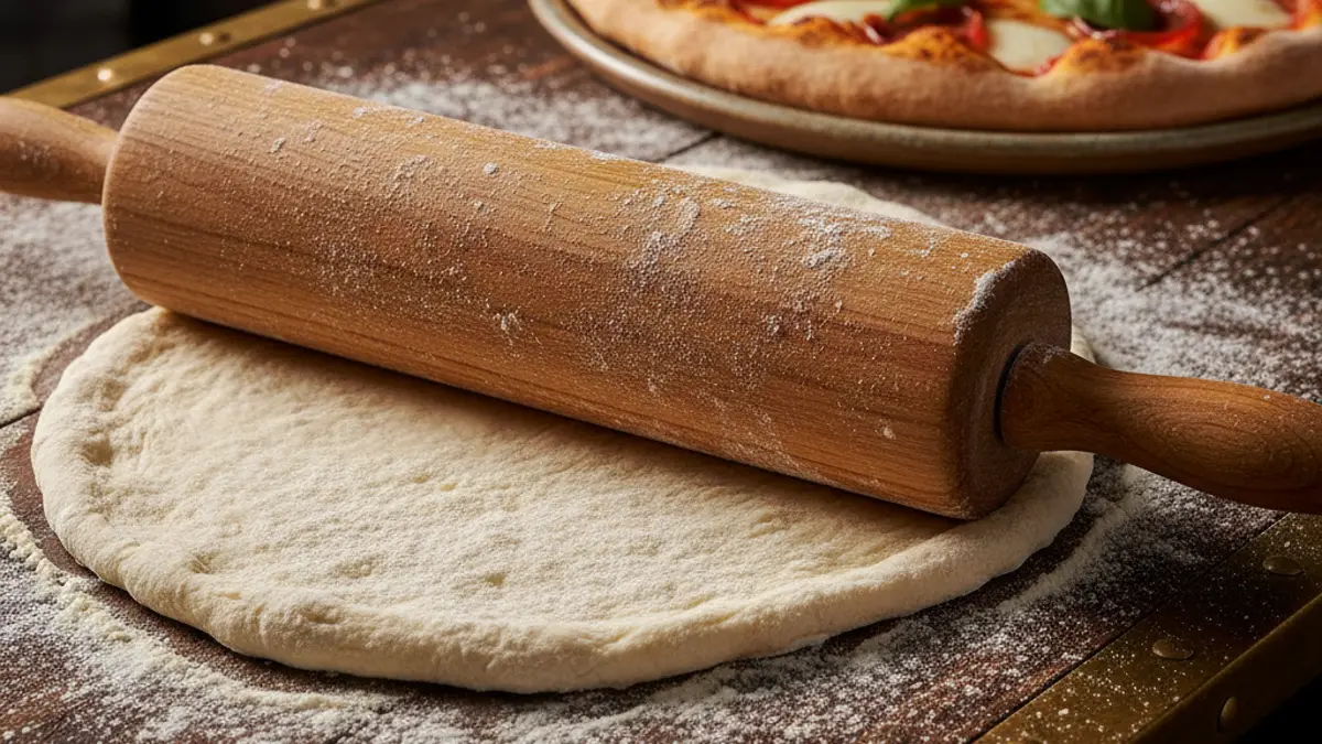 Houten deegroller die een bol pizzadeeg platdrukt op het werkblad