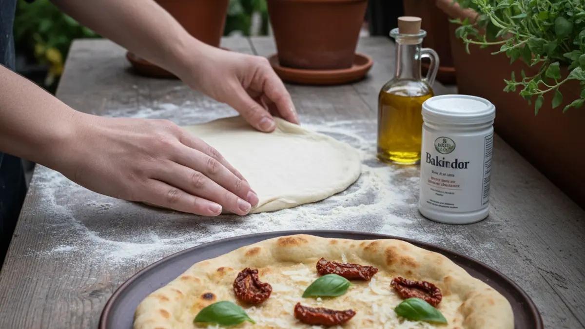 Pâte à pizza sans levure étalée sur un plan de travail en bois fariné