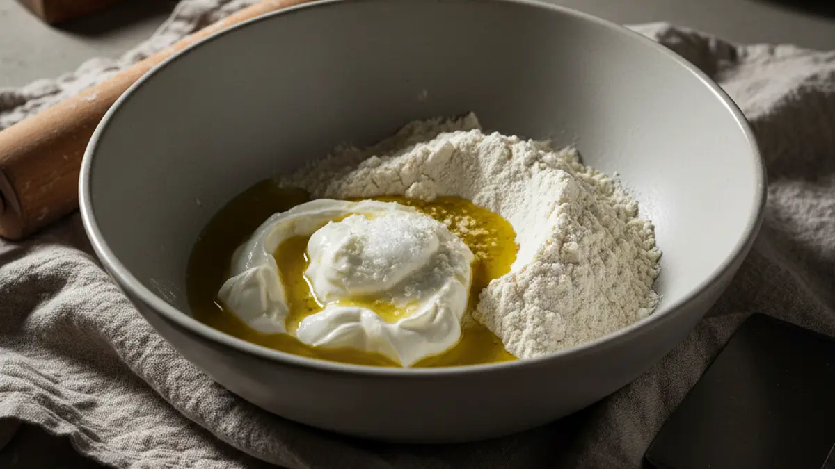 Ingrediënten voor snel pizzadeeg in een kom op het aanrecht
