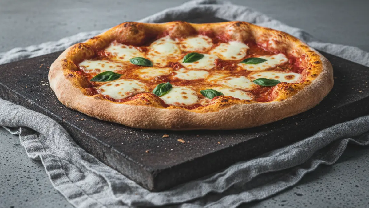 Krokant gebakken pizza op een hete pizzasteen
