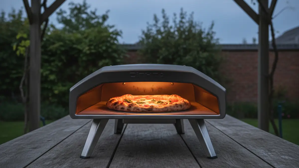 Four à pizza compact en acier inoxydable sur une table de jardin en bois