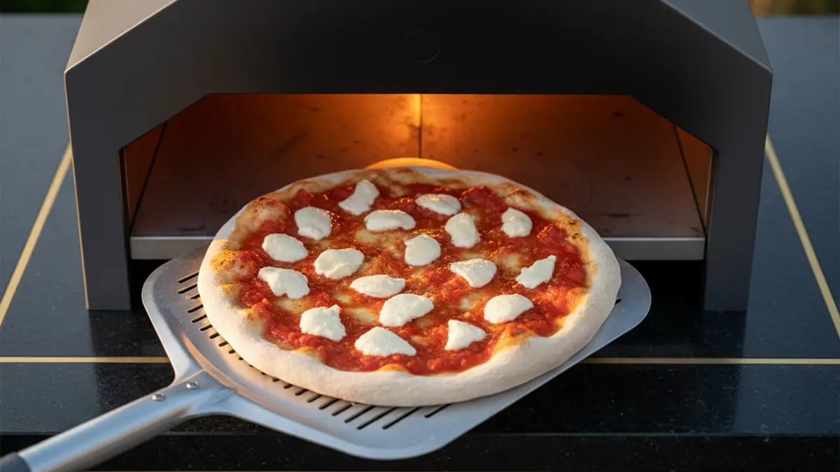 Pizza fraîche glissée dans un four d'extérieur chaud avec une pelle à pizza perforée