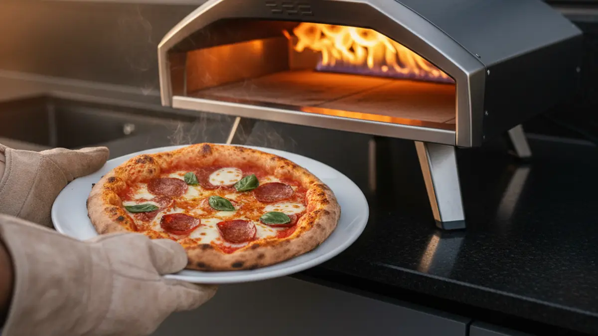 Binnenzijde van een pizzaoven op gas met een rollende vlam