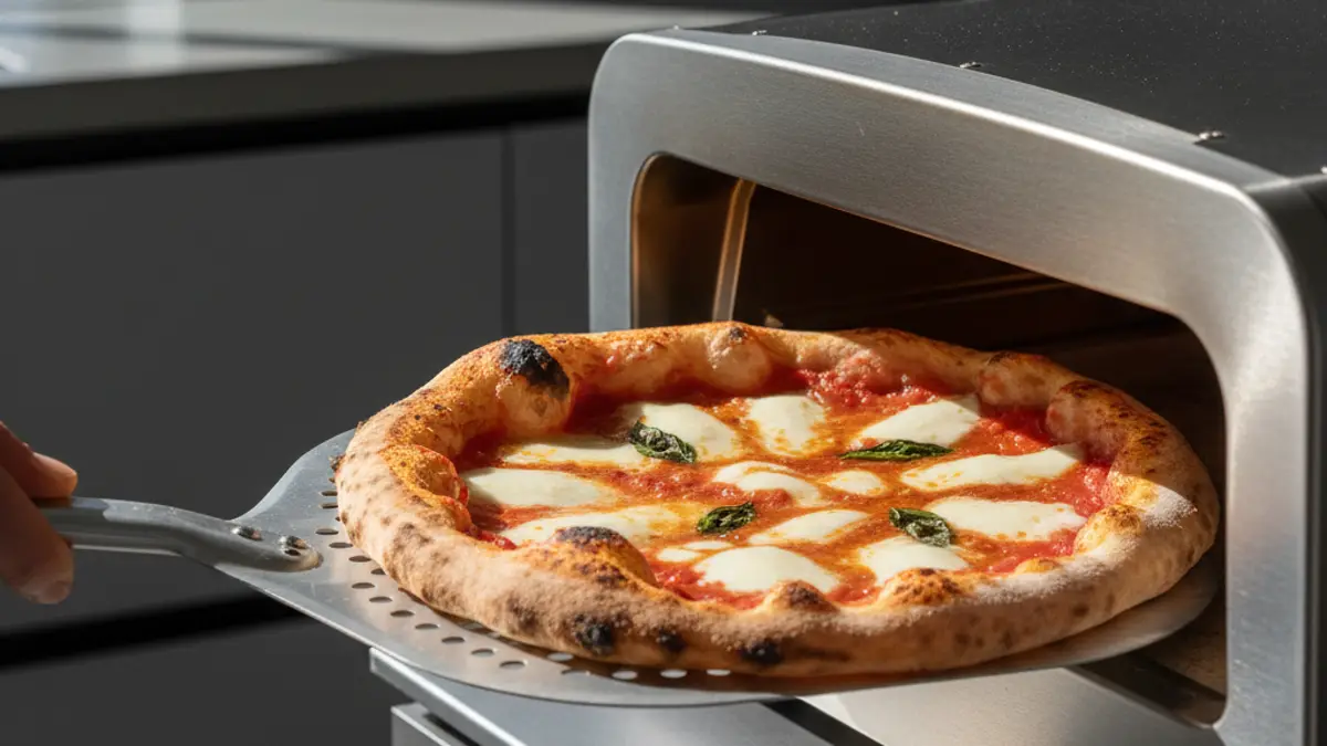 Pizza draaien in een gasgestookte oven met een dunne schep