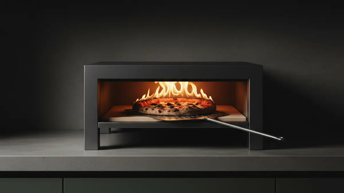 Four à pizza avec une flamme vive et une pizza fraîche sur pierre chaude