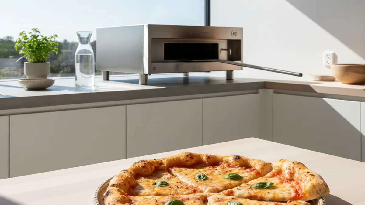 Pelle à pizza glissant une pizza fraîche dans un four d'extérieur chaud