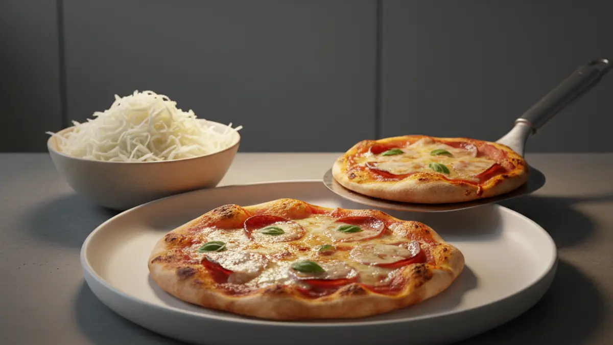 Mozzarella râpée dans un bol en verre à côté de petites spatules à pizza