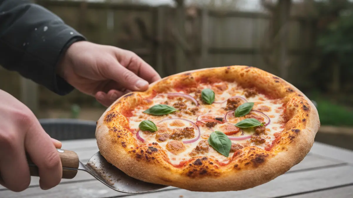 Mini-pizza cuite au fromage fondu doré sur une spatule à pizza