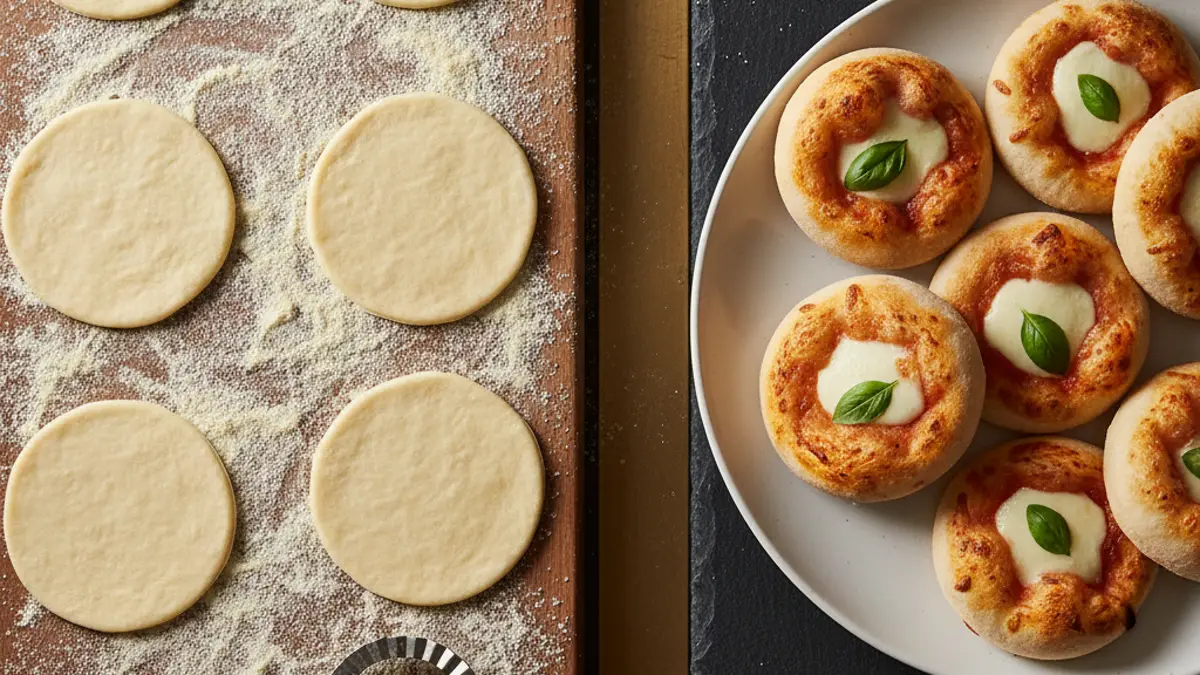 Disques de pâte à mini-pizza découpés sur un plan de travail en bois