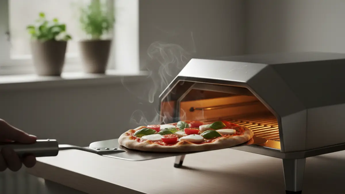 Mini-pizza sur une spatule métallique saupoudrée de semoule de blé dur