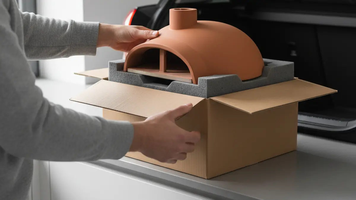 Terracotta koepel van de pizzarette veilig verpakt in de kofferbak