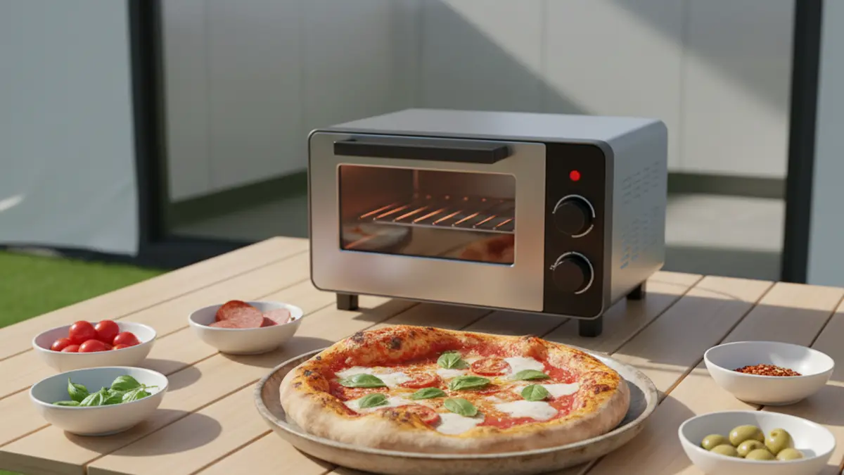 Pizzarette op een houten campingtafel voor de tent