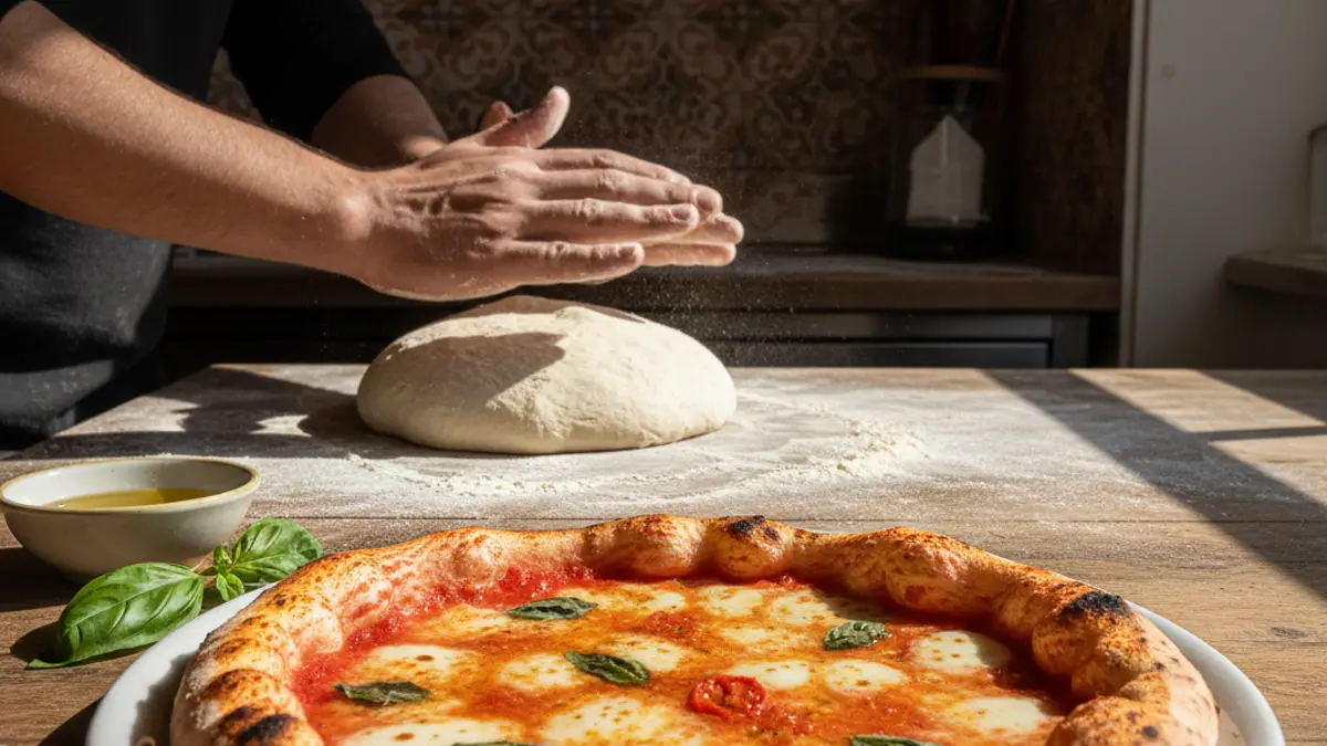 Pizzadeeg kneden op een houten werkblad voor minipizza's