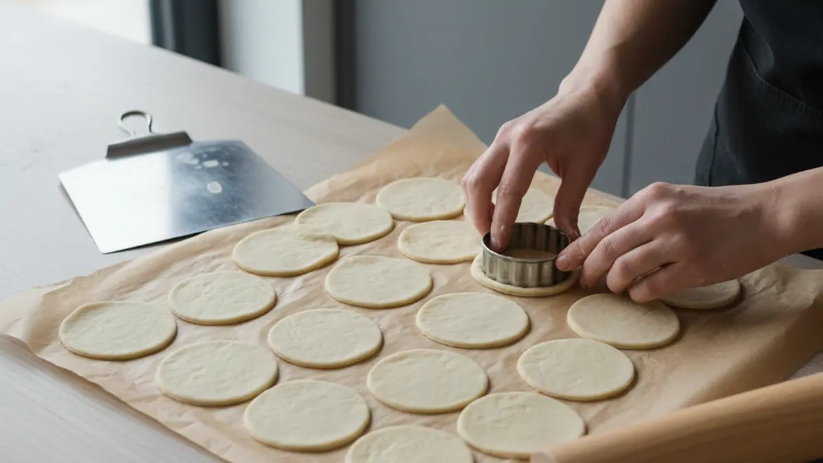Uitgestoken ronde minipizzabodems op bakpapier met een deegroller