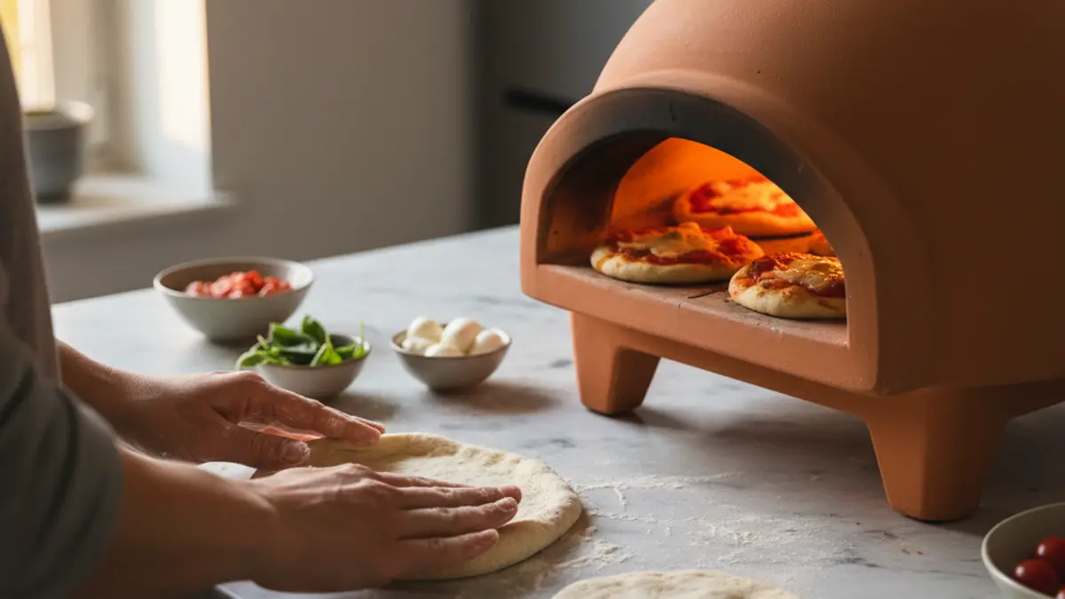 Dôme en terre cuite d'un mini-four à pizza sur la table à manger