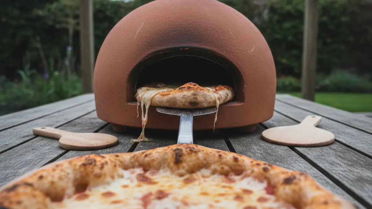 Terracotta mini pizzaoven op een houten eettafel