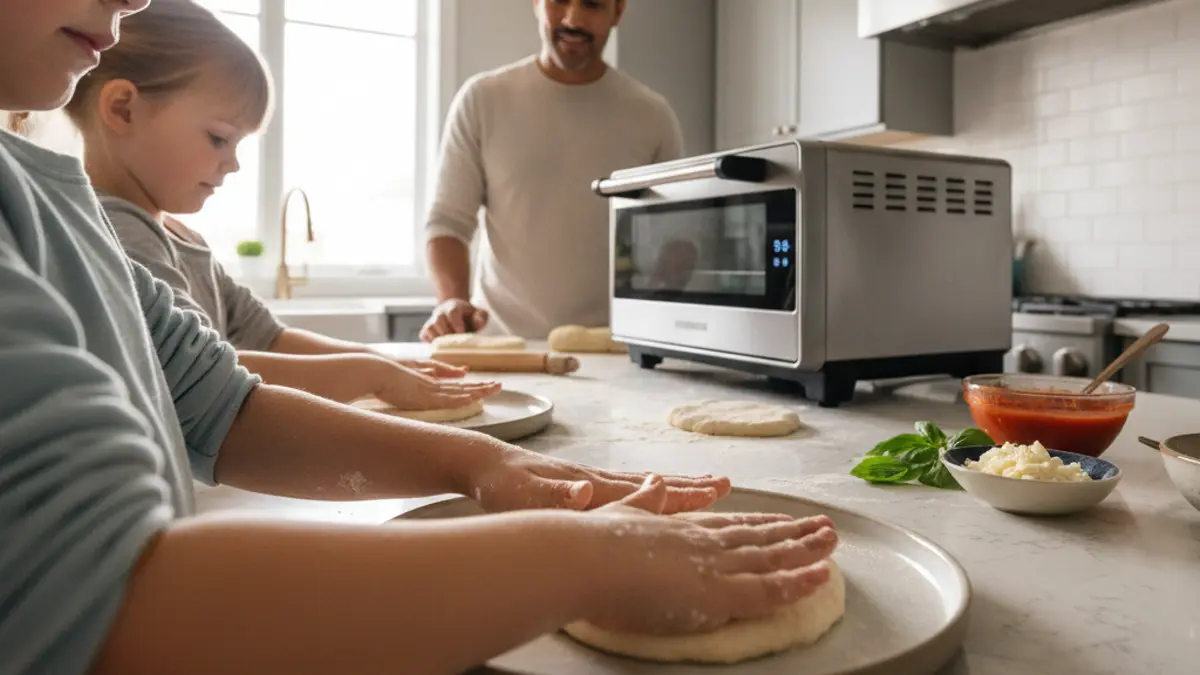 Des enfants garnissent des mini-pizzas à table sous la surveillance d'un adulte